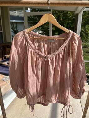 pink gauzy boho blouse with drawstring waist